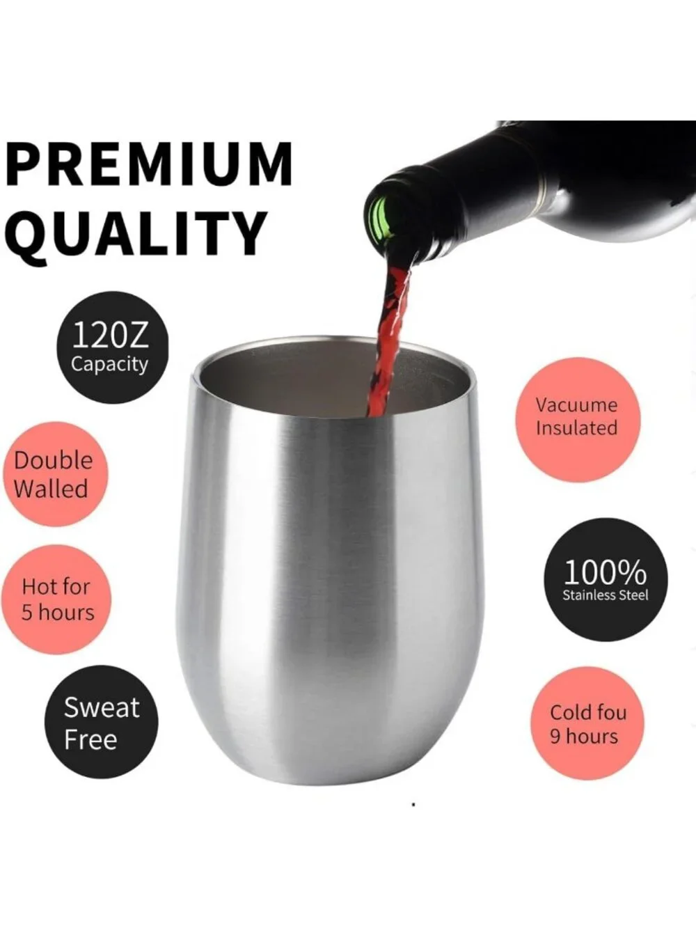 12oz Stemless Wine Tumblers - Double Wall Insulated Travel Glasses for Hot